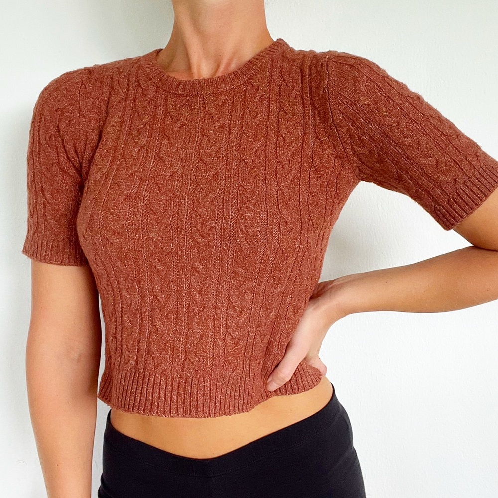 Pink Rose cropped brown cable knit sweater size XS